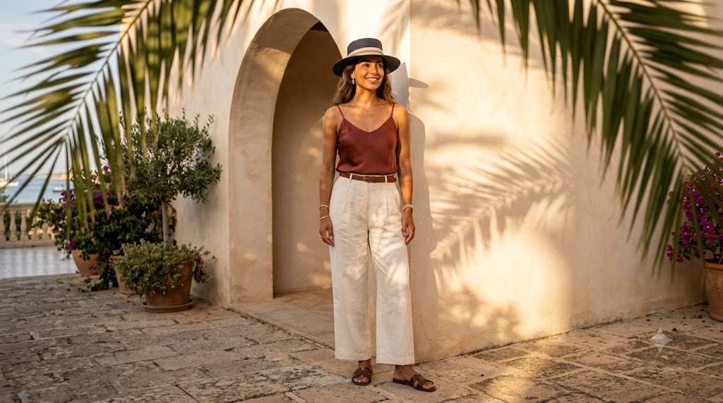 Terracotta Silk Cami & Cream Wide-Leg Linen Pants
